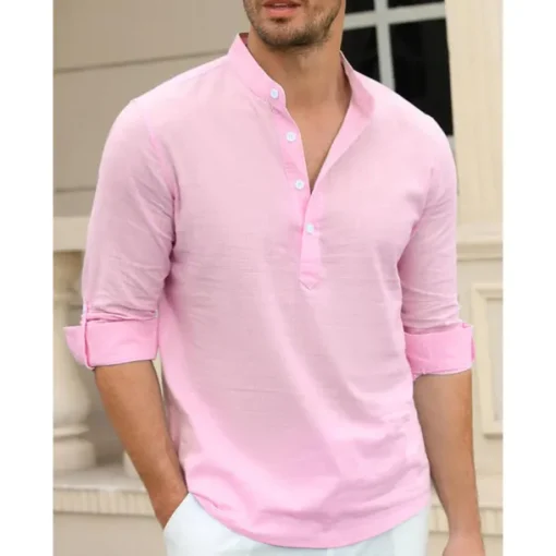 Men's Linen Shirt Chinese Collar Shirt Mandarin Collar Shirt Summer Shirt Beach Shirt Plain Vacation Hawaiian White Pink Blue Green Long Sleeve Stand Collar Spring & Summer Clothing Apparel Basic