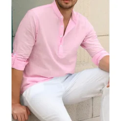 Men's Linen Shirt Chinese Collar Shirt Mandarin Collar Shirt Summer Shirt Beach Shirt Plain Vacation Hawaiian White Pink Blue Green Long Sleeve Stand Collar Spring & Summer Clothing Apparel Basic