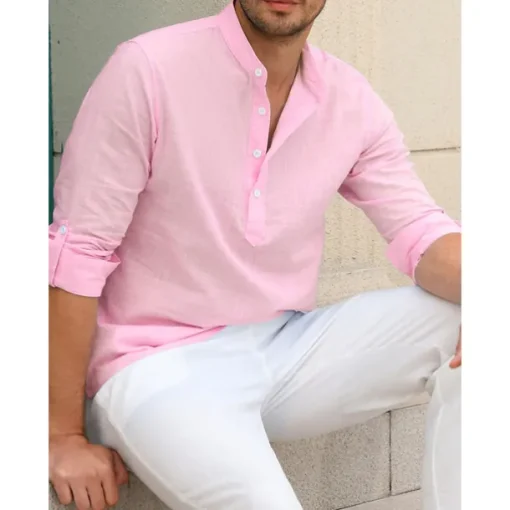 Men's Linen Shirt Chinese Collar Shirt Mandarin Collar Shirt Summer Shirt Beach Shirt Plain Vacation Hawaiian White Pink Blue Green Long Sleeve Stand Collar Spring & Summer Clothing Apparel Basic
