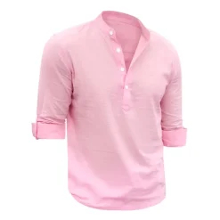 Men's Linen Shirt Chinese Collar Shirt Mandarin Collar Shirt Summer Shirt Beach Shirt Plain Vacation Hawaiian White Pink Blue Green Long Sleeve Stand Collar Spring & Summer Clothing Apparel Basic