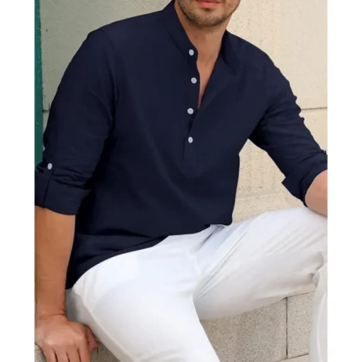 Men's Linen Shirt Chinese Collar Shirt Mandarin Collar Shirt Summer Shirt Beach Shirt Plain Vacation Hawaiian White Pink Blue Green Long Sleeve Stand Collar Spring & Summer Clothing Apparel Basic