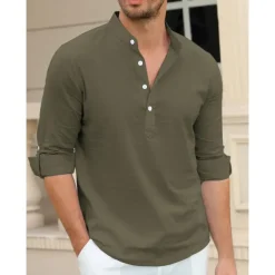 Men's Linen Shirt Chinese Collar Shirt Mandarin Collar Shirt Summer Shirt Beach Shirt Plain Vacation Hawaiian White Pink Blue Green Long Sleeve Stand Collar Spring & Summer Clothing Apparel Basic
