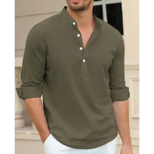 Men's Linen Shirt Chinese Collar Shirt Mandarin Collar Shirt Summer Shirt Beach Shirt Plain Vacation Hawaiian White Pink Blue Green Long Sleeve Stand Collar Spring & Summer Clothing Apparel Basic