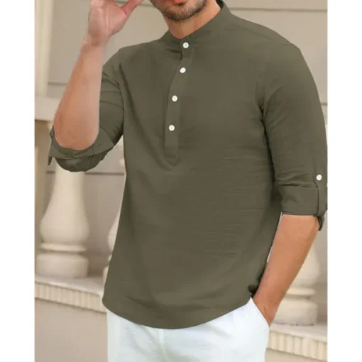 Men's Linen Shirt Chinese Collar Shirt Mandarin Collar Shirt Summer Shirt Beach Shirt Plain Vacation Hawaiian White Pink Blue Green Long Sleeve Stand Collar Spring & Summer Clothing Apparel Basic
