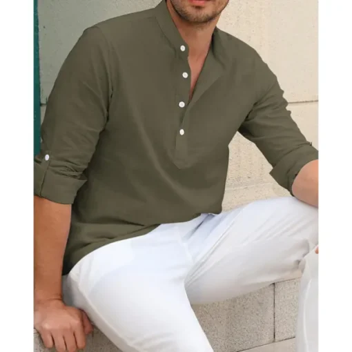 Men's Linen Shirt Chinese Collar Shirt Mandarin Collar Shirt Summer Shirt Beach Shirt Plain Vacation Hawaiian White Pink Blue Green Long Sleeve Stand Collar Spring & Summer Clothing Apparel Basic