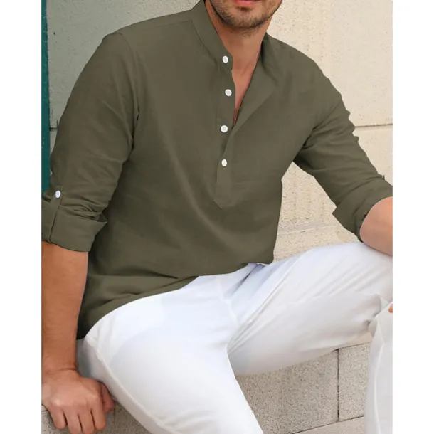 Men's Linen Shirt Chinese Collar Shirt Mandarin Collar Shirt Summer Shirt Beach Shirt Plain Vacation Hawaiian White Pink Blue Green Long Sleeve Stand Collar Spring & Summer Clothing Apparel Basic