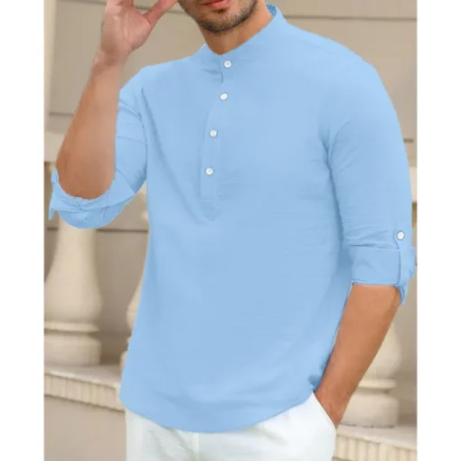 Men's Linen Shirt Chinese Collar Shirt Mandarin Collar Shirt Summer Shirt Beach Shirt Plain Vacation Hawaiian White Pink Blue Green Long Sleeve Stand Collar Spring & Summer Clothing Apparel Basic