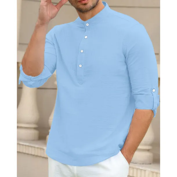 Men's Linen Shirt Chinese Collar Shirt Mandarin Collar Shirt Summer Shirt Beach Shirt Plain Vacation Hawaiian White Pink Blue Green Long Sleeve Stand Collar Spring & Summer Clothing Apparel Basic
