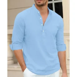 Men's Linen Shirt Chinese Collar Shirt Mandarin Collar Shirt Summer Shirt Beach Shirt Plain Vacation Hawaiian White Pink Blue Green Long Sleeve Stand Collar Spring & Summer Clothing Apparel Basic