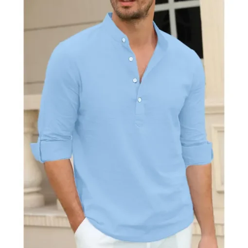 Men's Linen Shirt Chinese Collar Shirt Mandarin Collar Shirt Summer Shirt Beach Shirt Plain Vacation Hawaiian White Pink Blue Green Long Sleeve Stand Collar Spring & Summer Clothing Apparel Basic