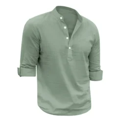 Men's Linen Shirt Chinese Collar Shirt Mandarin Collar Shirt Summer Shirt Beach Shirt Plain Vacation Hawaiian White Pink Blue Green Long Sleeve Stand Collar Spring & Summer Clothing Apparel Basic