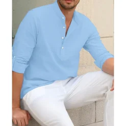 Men's Linen Shirt Chinese Collar Shirt Mandarin Collar Shirt Summer Shirt Beach Shirt Plain Vacation Hawaiian White Pink Blue Green Long Sleeve Stand Collar Spring & Summer Clothing Apparel Basic