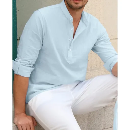 Men's Linen Shirt Chinese Collar Shirt Mandarin Collar Shirt Summer Shirt Beach Shirt Plain Vacation Hawaiian White Pink Blue Green Long Sleeve Stand Collar Spring & Summer Clothing Apparel Basic