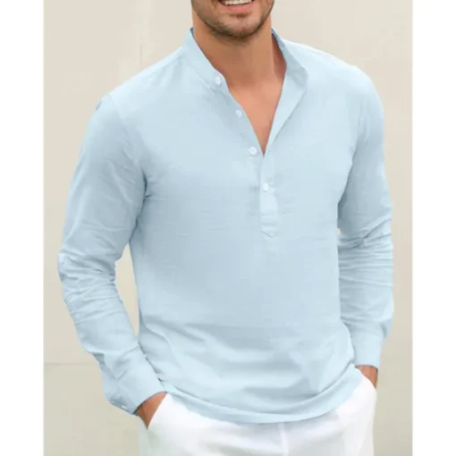 Men's Linen Shirt Chinese Collar Shirt Mandarin Collar Shirt Summer Shirt Beach Shirt Plain Vacation Hawaiian White Pink Blue Green Long Sleeve Stand Collar Spring & Summer Clothing Apparel Basic