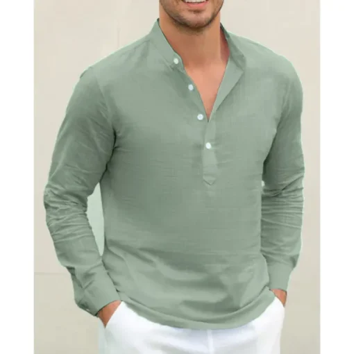 Men's Linen Shirt Chinese Collar Shirt Mandarin Collar Shirt Summer Shirt Beach Shirt Plain Vacation Hawaiian White Pink Blue Green Long Sleeve Stand Collar Spring & Summer Clothing Apparel Basic
