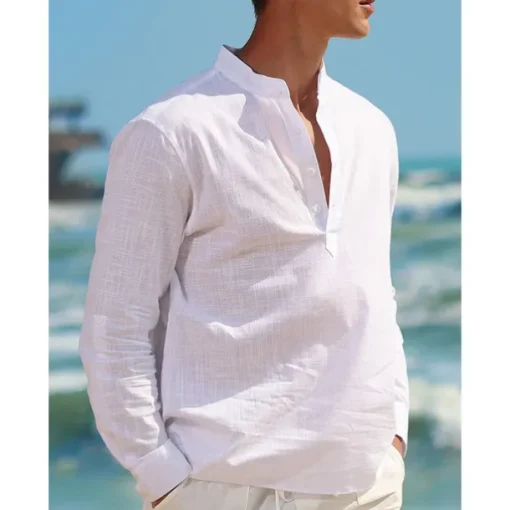 Men's Linen Shirt Chinese Collar Shirt Mandarin Collar Shirt Summer Shirt Beach Shirt Plain Vacation Hawaiian White Pink Blue Green Long Sleeve Stand Collar Spring & Summer Clothing Apparel Basic