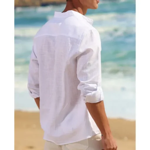 Men's Linen Shirt Chinese Collar Shirt Mandarin Collar Shirt Summer Shirt Beach Shirt Plain Vacation Hawaiian White Pink Blue Green Long Sleeve Stand Collar Spring & Summer Clothing Apparel Basic