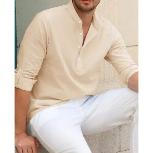 Men's Linen Shirt Chinese Collar Shirt Mandarin Collar Shirt Summer Shirt Beach Shirt Plain Vacation Hawaiian White Pink Blue Green Long Sleeve Stand Collar Spring & Summer Clothing Apparel Basic
