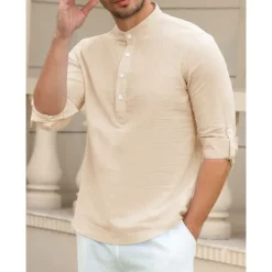 Men's Linen Shirt Chinese Collar Shirt Mandarin Collar Shirt Summer Shirt Beach Shirt Plain Vacation Hawaiian White Pink Blue Green Long Sleeve Stand Collar Spring & Summer Clothing Apparel Basic