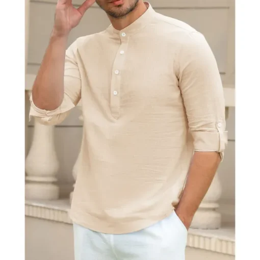 Men's Linen Shirt Chinese Collar Shirt Mandarin Collar Shirt Summer Shirt Beach Shirt Plain Vacation Hawaiian White Pink Blue Green Long Sleeve Stand Collar Spring & Summer Clothing Apparel Basic