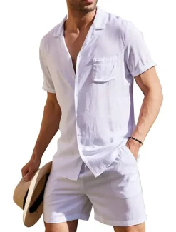 Men's Linen Shirt Cotton Linen Shirt White Cotton Shirt 2 Piece Shirt Set Summer Shirt Plain Outdoor Street Black White Army Green Beige Short Sleeve Turndown Summer Clothing Apparel Button-Down