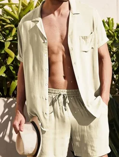 Men's Linen Shirt Cotton Linen Shirt White Cotton Shirt 2 Piece Shirt Set Summer Shirt Plain Outdoor Street Black White Army Green Beige Short Sleeve Turndown Summer Clothing Apparel Button-Down