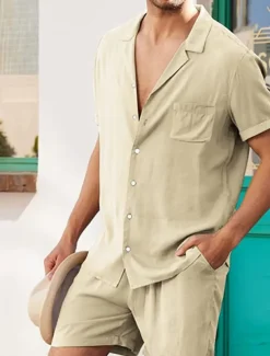 Men's Linen Shirt Cotton Linen Shirt White Cotton Shirt 2 Piece Shirt Set Summer Shirt Plain Outdoor Street Black White Army Green Beige Short Sleeve Turndown Summer Clothing Apparel Button-Down