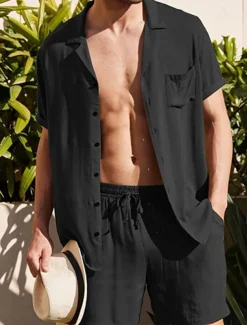 Men's Linen Shirt Cotton Linen Shirt White Cotton Shirt 2 Piece Shirt Set Summer Shirt Plain Outdoor Street Black White Army Green Beige Short Sleeve Turndown Summer Clothing Apparel Button-Down