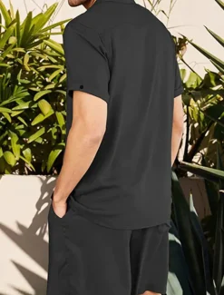 Men's Linen Shirt Cotton Linen Shirt White Cotton Shirt 2 Piece Shirt Set Summer Shirt Plain Outdoor Street Black White Army Green Beige Short Sleeve Turndown Summer Clothing Apparel Button-Down