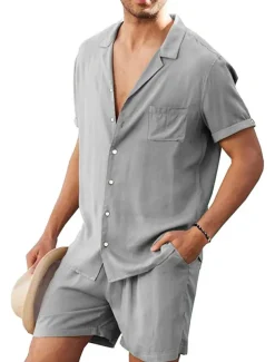 Men's Linen Shirt Cotton Linen Shirt White Cotton Shirt 2 Piece Shirt Set Summer Shirt Plain Outdoor Street Black White Army Green Beige Short Sleeve Turndown Summer Clothing Apparel Button-Down