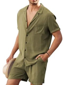 Men's Linen Shirt Cotton Linen Shirt White Cotton Shirt 2 Piece Shirt Set Summer Shirt Plain Outdoor Street Black White Army Green Beige Short Sleeve Turndown Summer Clothing Apparel Button-Down