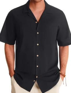 Men's Linen Shirt Cotton Linen Shirt White Cotton Shirt Summer Shirt Beach Shirt Camp Collar Shirt Plain Vacation Hawaiian Black White Green Dark Blue Short Sleeve Lapel Spring & Summer Clothing