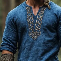 Men's Linen Shirt Popover Shirt Summer Shirt Henley Shirt Vintage Shirt Short Sleeve Shirt Boho Vacation Street Dark Blue Half Sleeve V Neck Summer Spring Clothing Apparel Ethnic