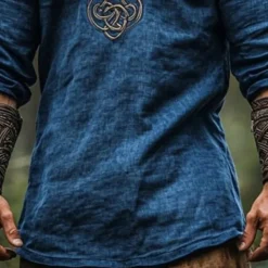 Men's Linen Shirt Popover Shirt Summer Shirt Henley Shirt Vintage Shirt Short Sleeve Shirt Boho Vacation Street Dark Blue Half Sleeve V Neck Summer Spring Clothing Apparel Ethnic