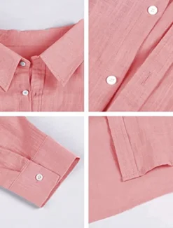 Men's Linen Shirt Solid Color Turndown Street Casual Button-Down Long Sleeve Tops Casual Fashion Breathable Comfortable Pink