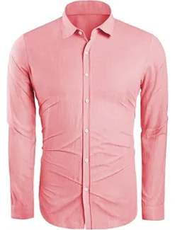Men's Linen Shirt Solid Color Turndown Street Casual Button-Down Long Sleeve Tops Casual Fashion Breathable Comfortable Pink