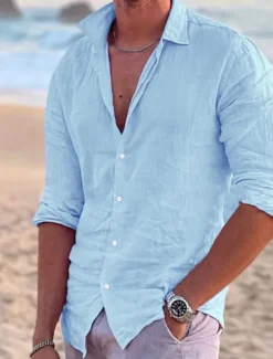 Men's Linen Shirt Solid Color Turndown Street Casual Button-Down Long Sleeve Tops Casual Fashion Breathable Comfortable Pink