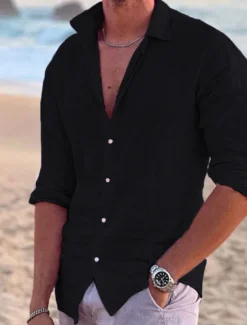 Men's Linen Shirt Solid Color Turndown Street Casual Button-Down Long Sleeve Tops Casual Fashion Breathable Comfortable Pink