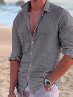 Men's Linen Shirt Solid Color Turndown Street Casual Button-Down Long Sleeve Tops Casual Fashion Breathable Comfortable Pink