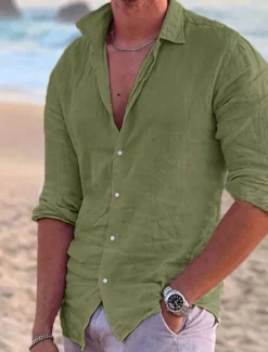 Men's Linen Shirt Solid Color Turndown Street Casual Button-Down Long Sleeve Tops Casual Fashion Breathable Comfortable Pink