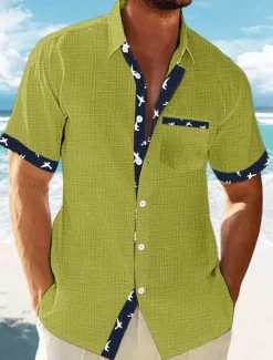 Men's Linen Shirt Summer Shirt Beach Wear Button Up Shirt Striped Vacation Curise White Blue Green Khaki Short Sleeve Lapel Spring & Summer Clothing Apparel Basic