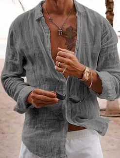 Men's Linen Shirt Summer Shirt Casual Shirt Beach Shirt Plain Hawaiian Holiday Black White Pink Navy Blue Long Sleeve Lapel Spring & Summer Clothing Apparel Basic