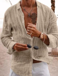 Men's Linen Shirt Summer Shirt Casual Shirt Beach Shirt Plain Hawaiian Holiday Black White Pink Navy Blue Long Sleeve Lapel Spring & Summer Clothing Apparel Basic