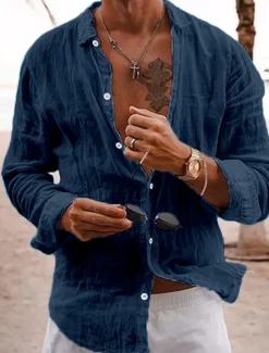 Men's Linen Shirt Summer Shirt Casual Shirt Beach Shirt Plain Hawaiian Holiday Black White Pink Navy Blue Long Sleeve Lapel Spring & Summer Clothing Apparel Basic
