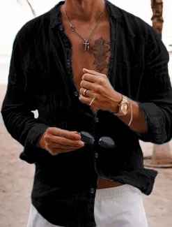 Men's Linen Shirt Summer Shirt Casual Shirt Beach Shirt Plain Hawaiian Holiday Black White Pink Navy Blue Long Sleeve Lapel Spring & Summer Clothing Apparel Basic