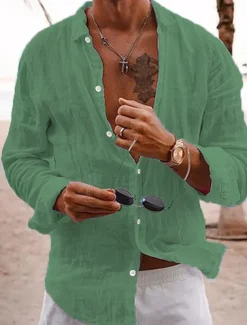 Men's Linen Shirt Summer Shirt Casual Shirt Beach Shirt Plain Hawaiian Holiday Black White Pink Navy Blue Long Sleeve Lapel Spring & Summer Clothing Apparel Basic