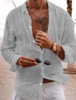 Men's Linen Shirt Summer Shirt Casual Shirt Beach Shirt Plain Hawaiian Holiday Black White Pink Navy Blue Long Sleeve Lapel Spring & Summer Clothing Apparel Basic