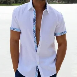 Men's Linen Shirt Summer Shirt Beach Shirt Black White Pink Short Sleeve Plain Lapel Spring & Summer Hawaiian Holiday Clothing Apparel Pocket