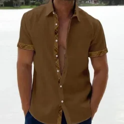 Men's Linen Shirt Summer Shirt Beach Shirt Black White Pink Short Sleeve Plain Lapel Spring & Summer Hawaiian Holiday Clothing Apparel Pocket