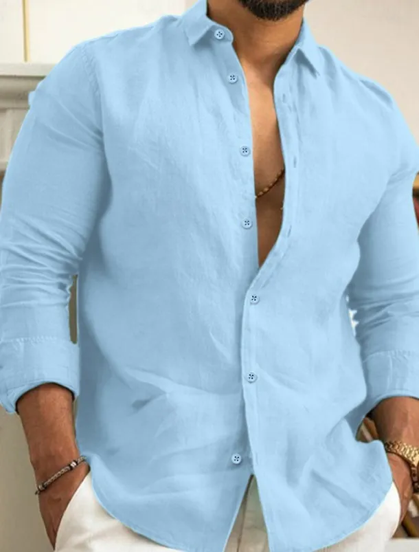 Men's Linen Shirt Summer Shirt Beach Wear Casual Shirt Button Up Shirt Plain Casual Daily Black White Pink Navy Blue Long Sleeve Lapel Spring & Summer Clothing Apparel